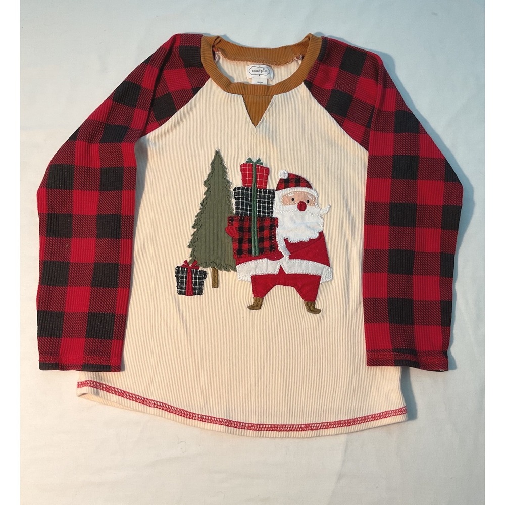 Mud Pie Kids Santa Buffalo Plaid Raglan Christmas Top Cream Red Black 4T-5T